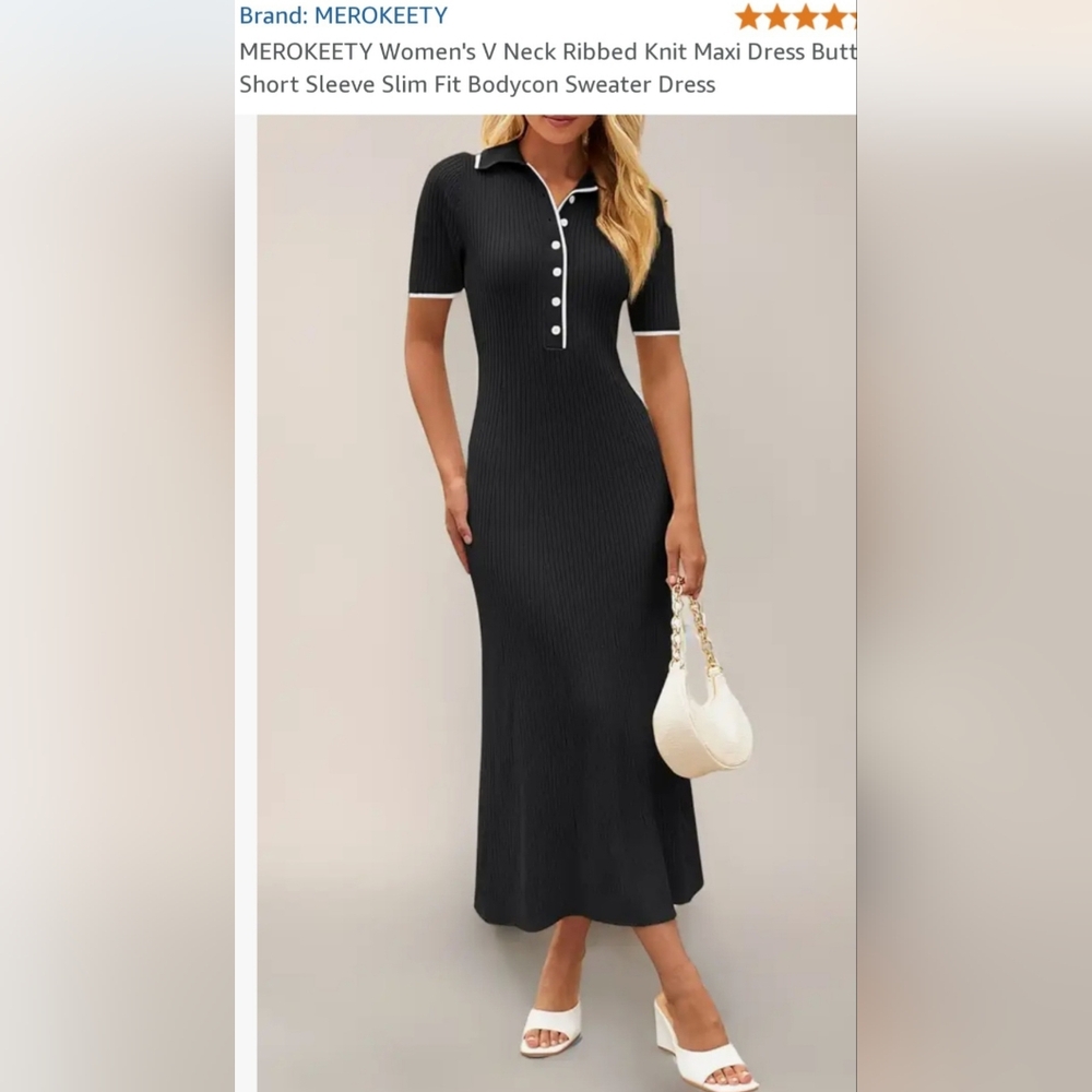 Merokeety Women's V-Neck Black Ribbed Knit Maxi Dress Bodycon Office/Carrer Med - Picture 1 of 16